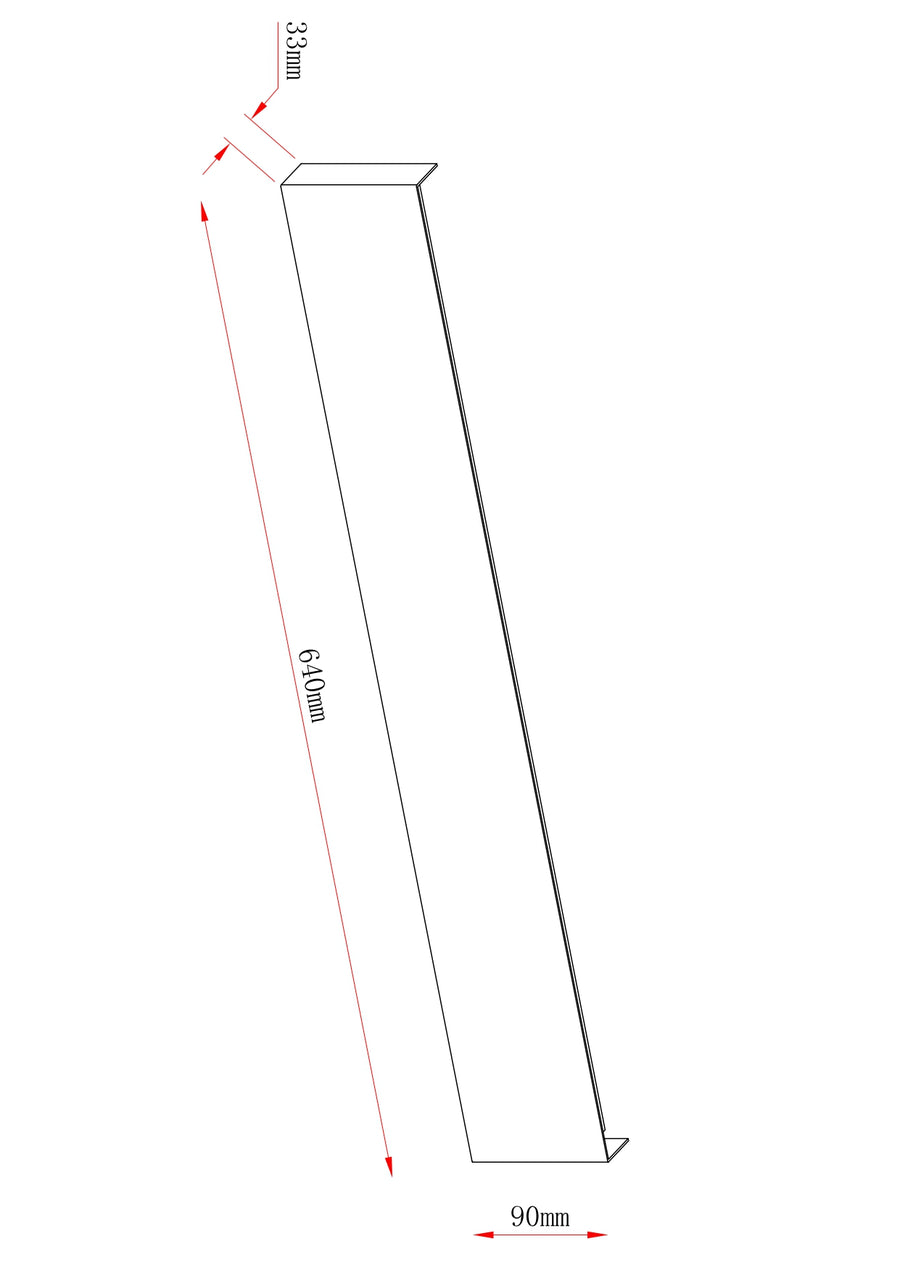 Schéma technique coté indiquant 640 mm de long, 90 et 33 mm