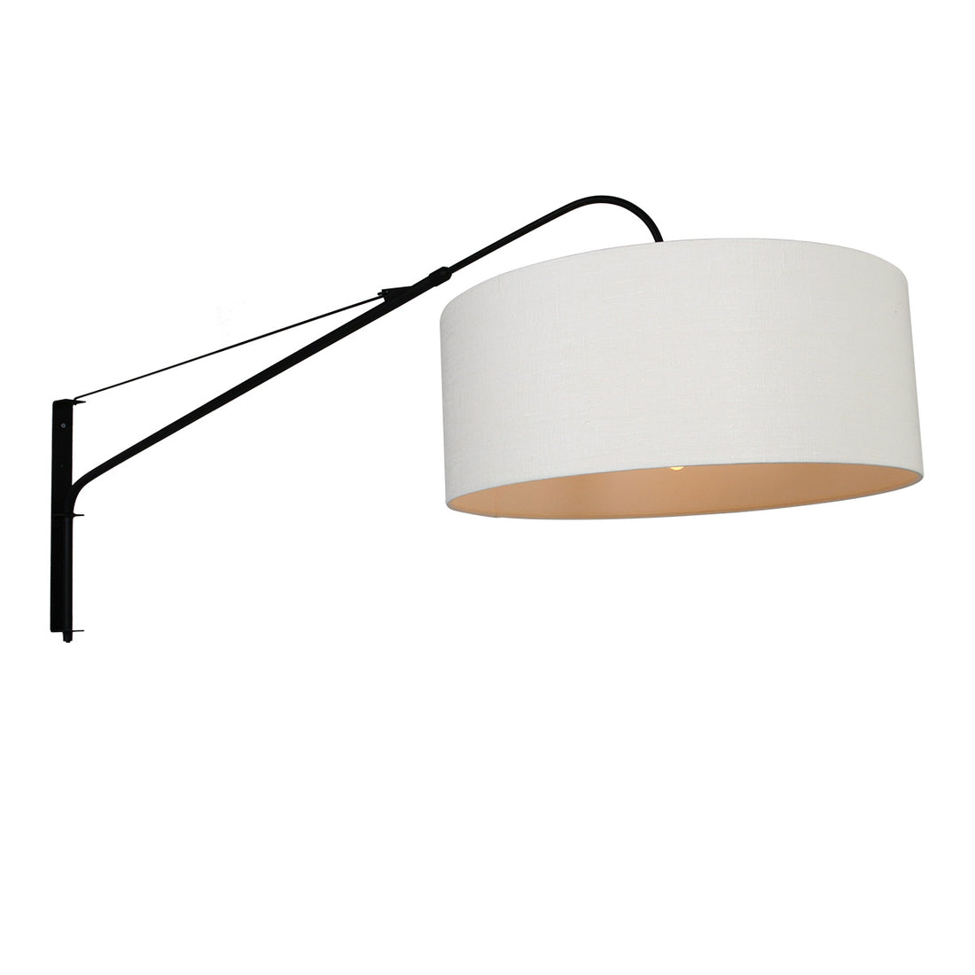 Black swing arm wall lamp, white linen lampshade Ø 50 cm | Elina