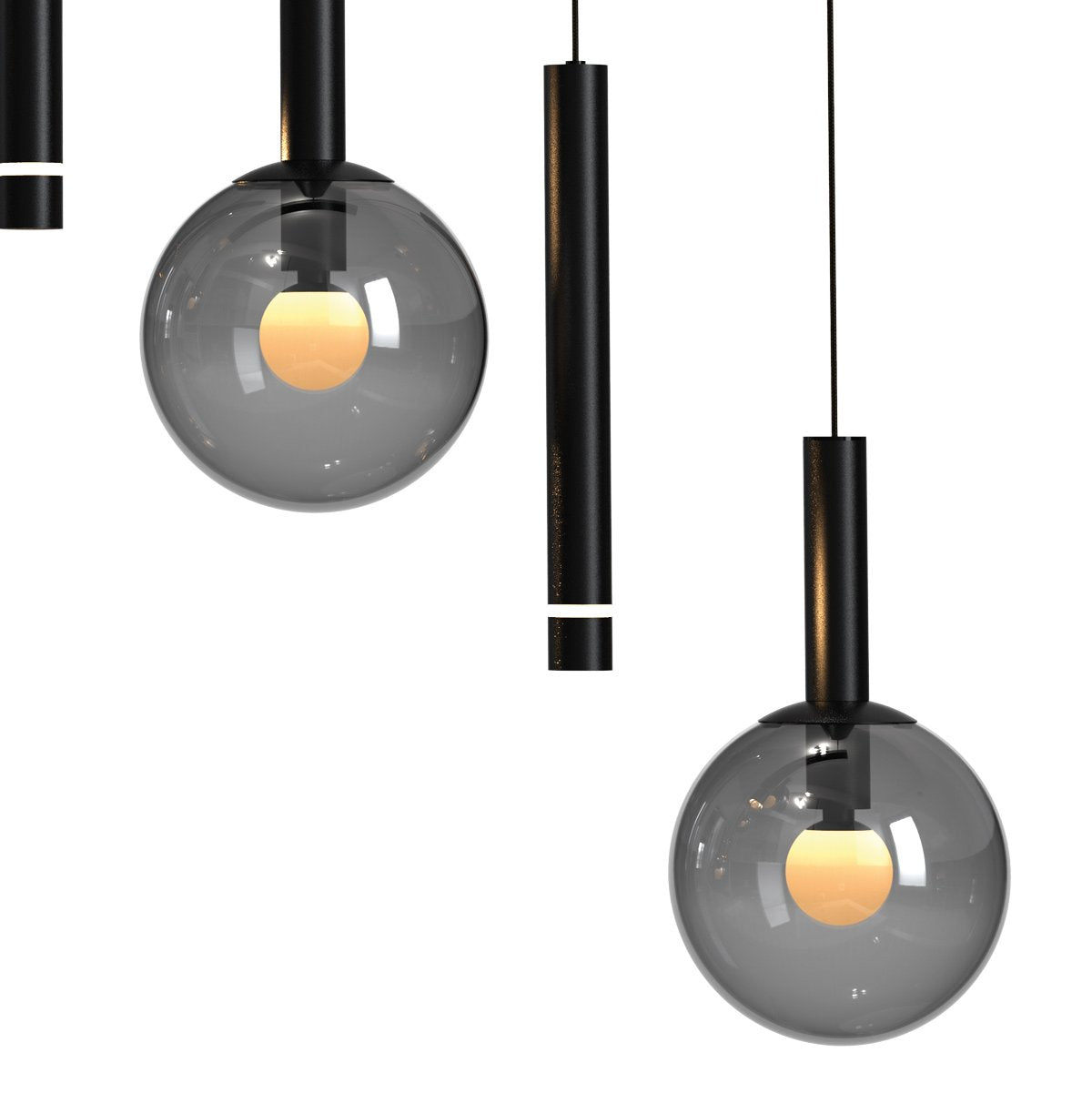 Détail des luminaires suspendus montrant verre fumé, tubes noirs et éclairage chaud.