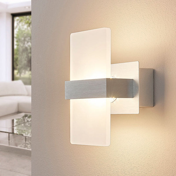 Applique murale LED Yorick en métal, blanc satiné et aluminium brossé, hauteur 18 cm