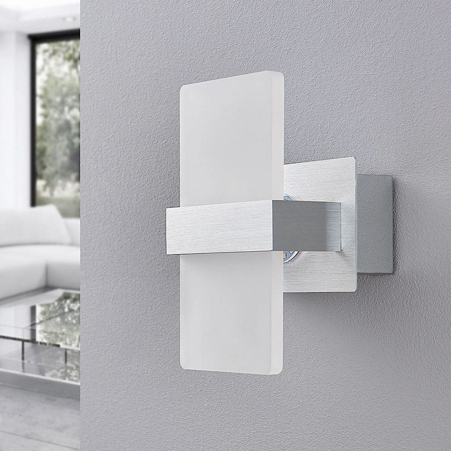 Applique murale LED Yorick en métal, blanc satiné et aluminium brossé, hauteur 18 cm