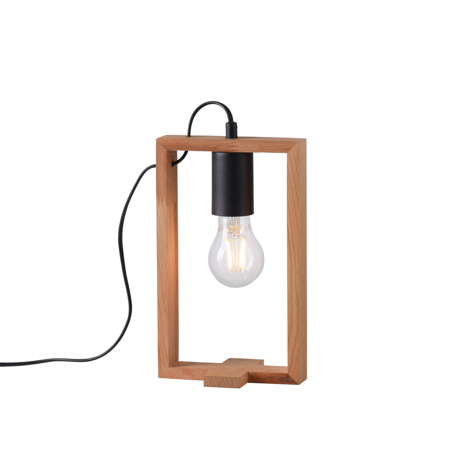 Vue de trois quarts de la lampe rectangulaire en bois et métal noir sur fond blanc.