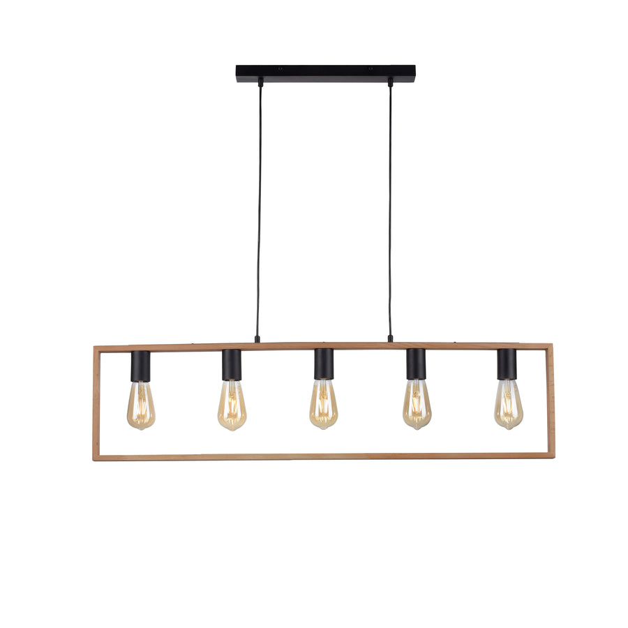 Vue de face sur fond blanc du luminaire, structure bois et douilles noires alignées