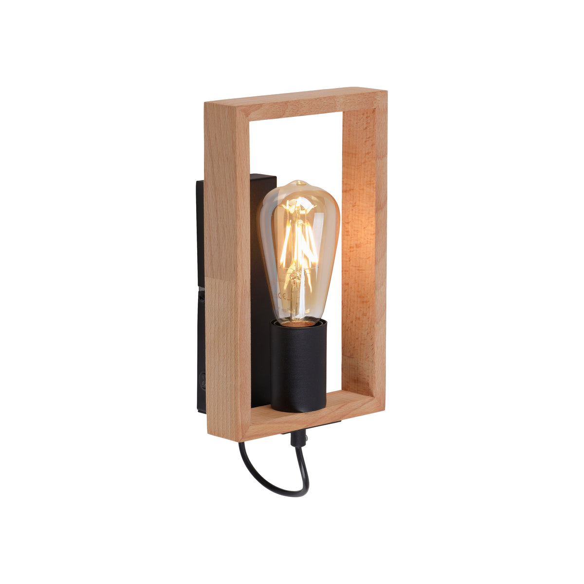 Vue de trois quarts du luminaire sur fond blanc, cadre bois et douille noire.