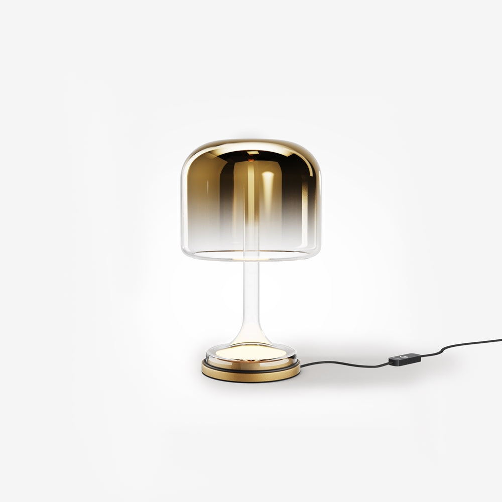 Lampe de chevet dorée à abat-jour en verre dégradé, interrupteur sur câble.