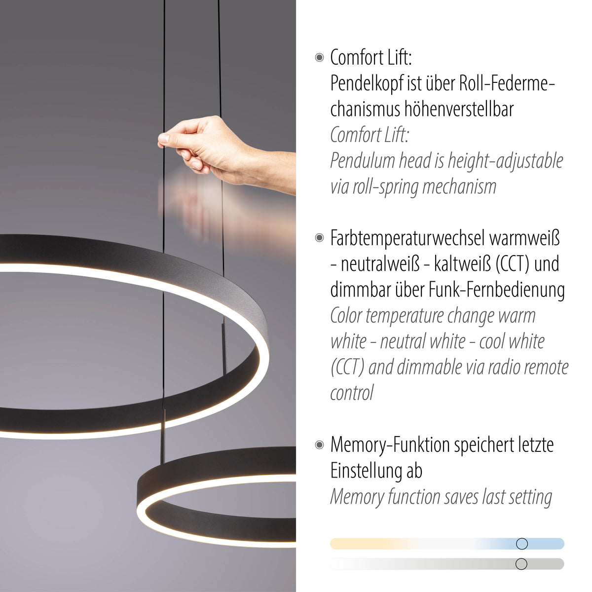 Main réglant la hauteur du luminaire, détail du mécanisme Comfort Lift et fonctions CCT