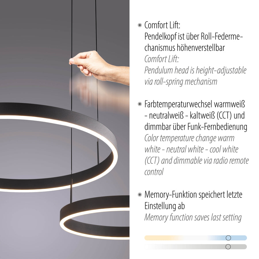 Main réglant la hauteur du luminaire, détail du mécanisme Comfort Lift et fonctions CCT