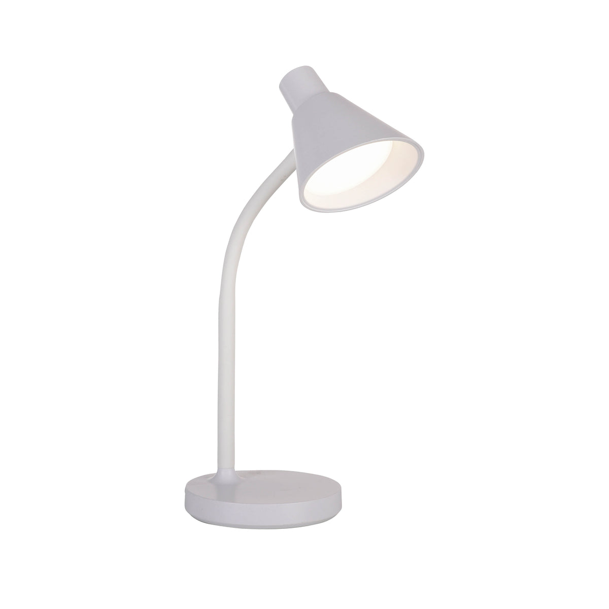 Même lampe blanche posée sur fond blanc, montrant la base ronde et l'inclinaison de la tête.