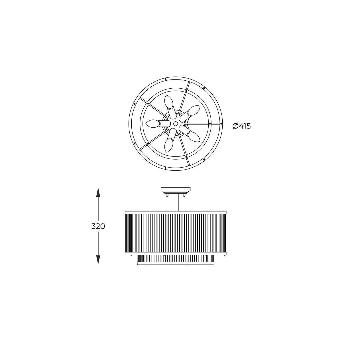 Schéma technique coté du plafonnier, diamètre 415 et hauteur 320