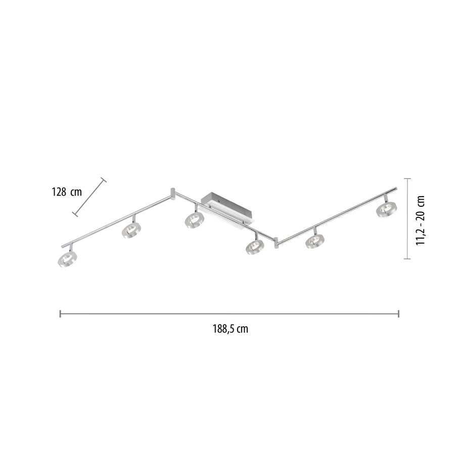 Schéma coté du plafonnier : L 188,5 cm, l 12,8 cm, H 11,2-20 cm.