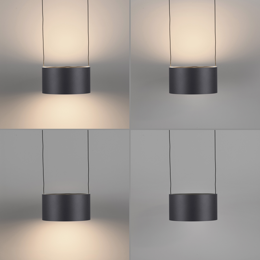 Quatre vues du luminaire allumé à différentes intensités et teintes