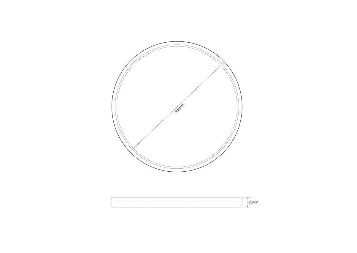Schéma technique coté du plafonnier rond, diamètre 500 mm et épaisseur 25 mm