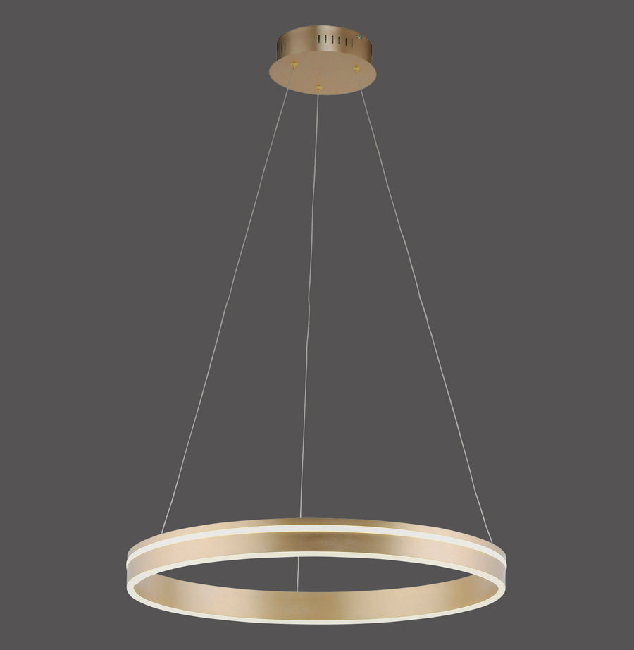 Suspension circulaire en laiton mat avec anneau lumineux LED, vue de face sur fond gris.