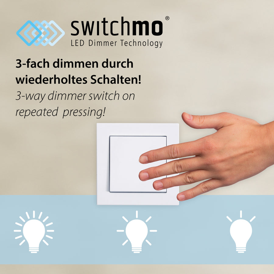 Main pressant un interrupteur mural, illustration des trois niveaux de luminosité Switchmo.