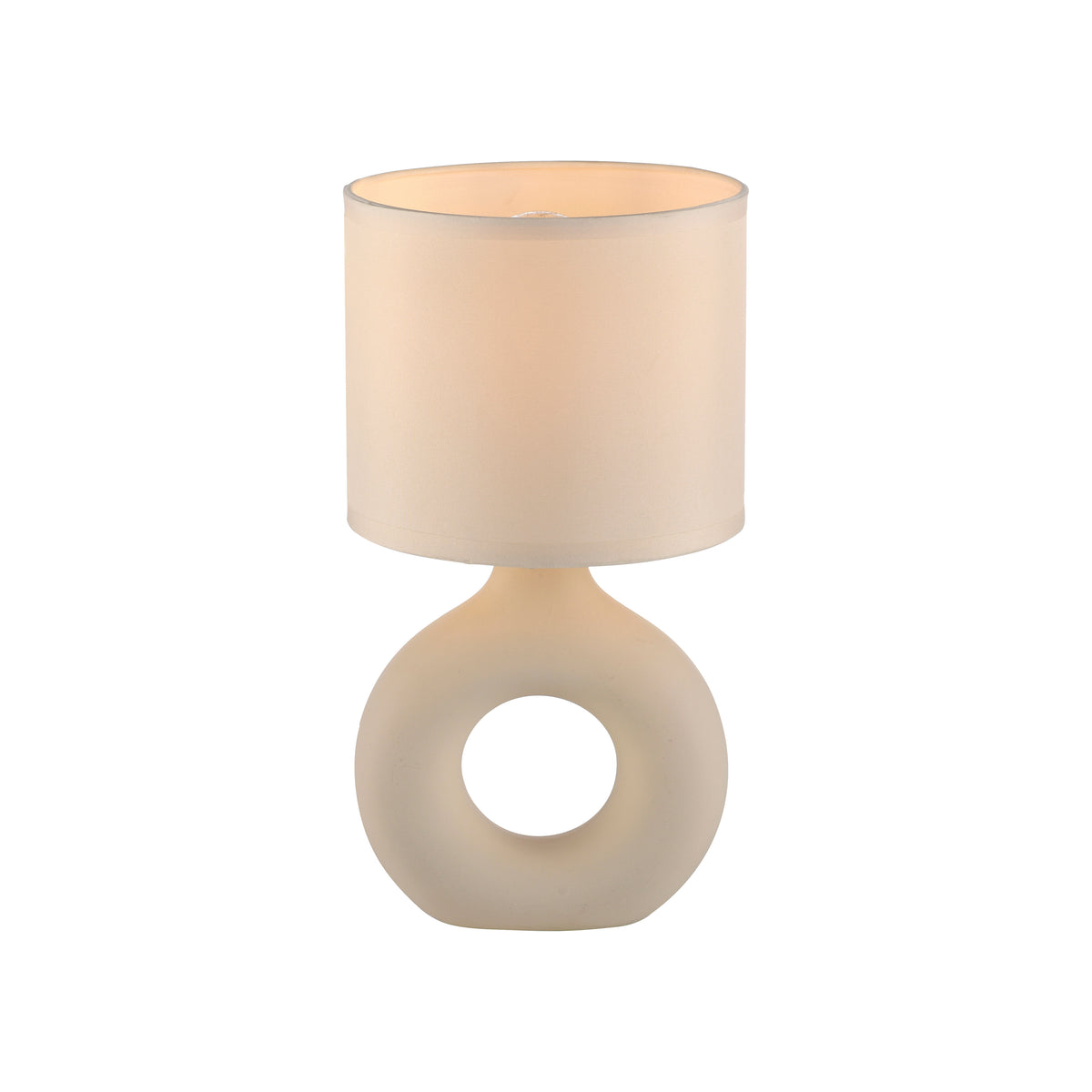 Vue détourée sur fond blanc, lampe beige avec abat-jour tissu et base arrondie trouée.