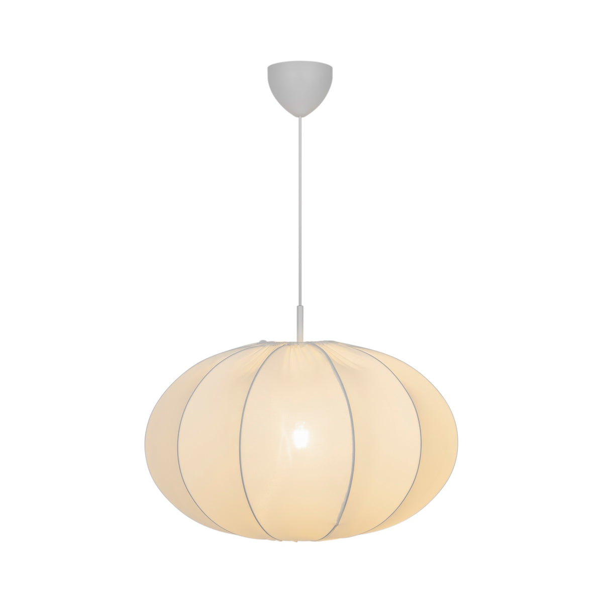 Vue de trois quarts du luminaire montrant le câble et la rosace blanche au plafond