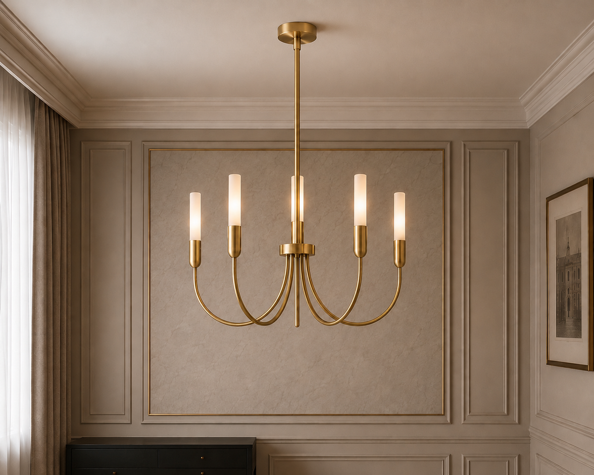 Lustre doré allumé, suspendu dans un salon avec moulures et boiseries
