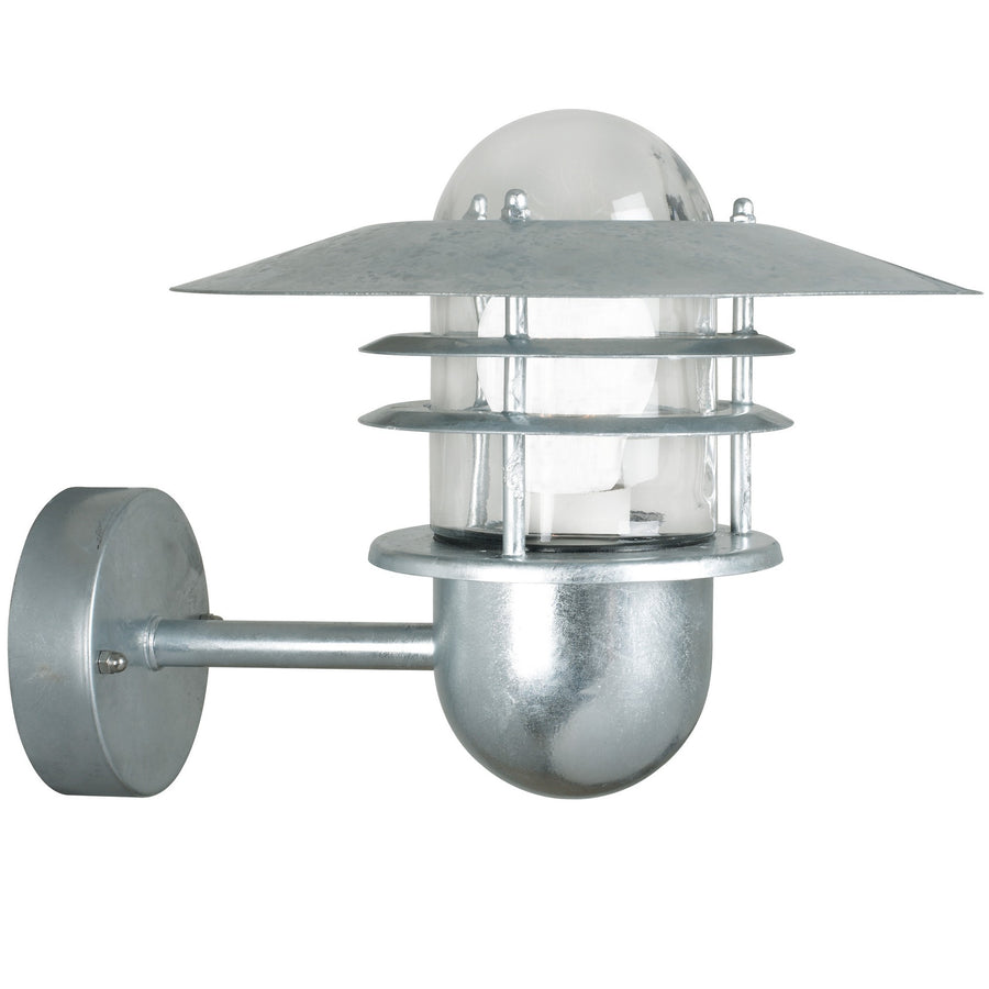 Applique murale extérieure en acier galvanisé, verre bombé et grilles de protection