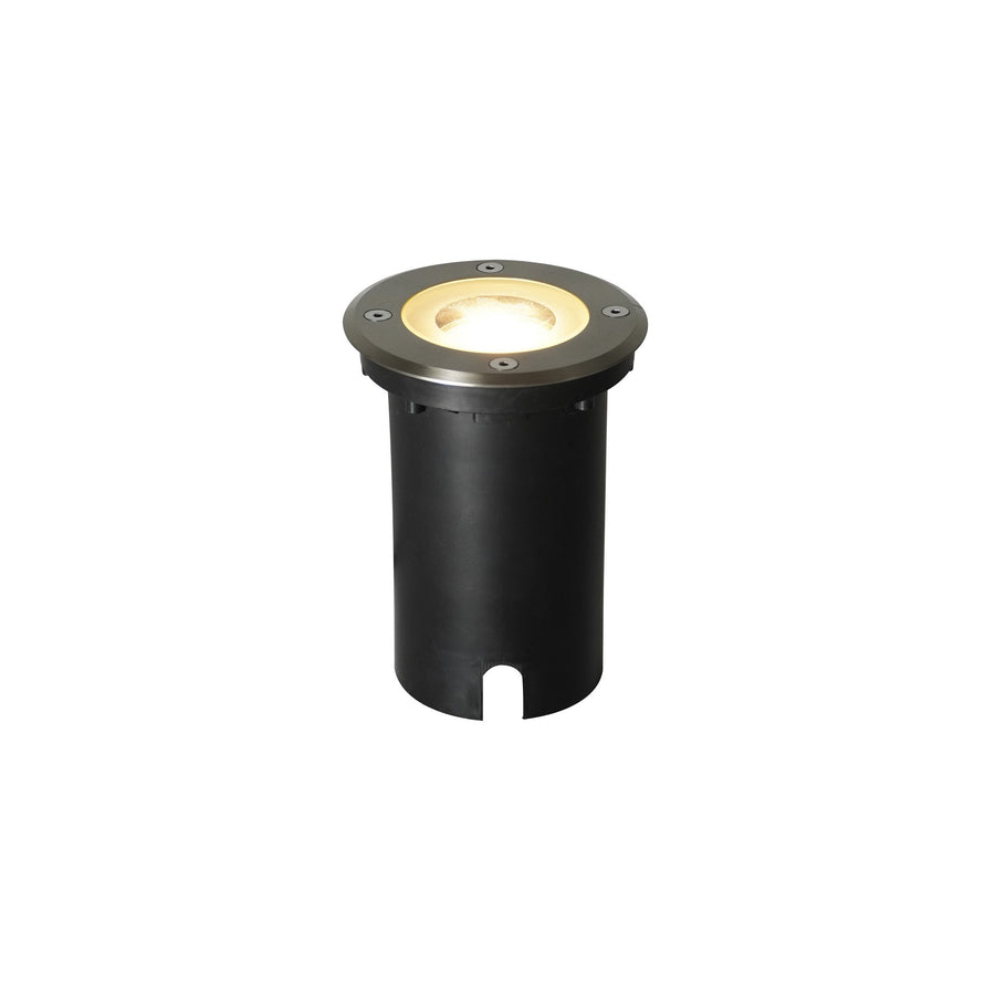 Spot encastrable de sol vu de profil, corps cylindrique noir et collerette inox