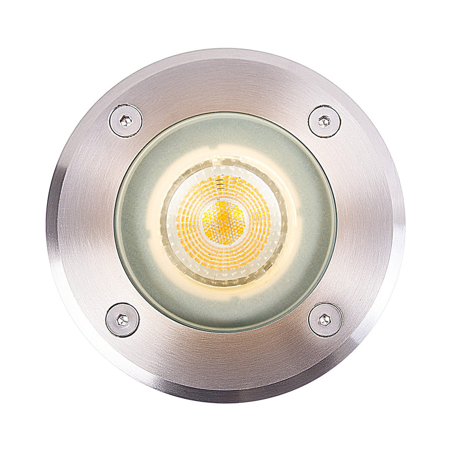 Vue de dessus montrant la collerette inox brossé et la LED COB allumée