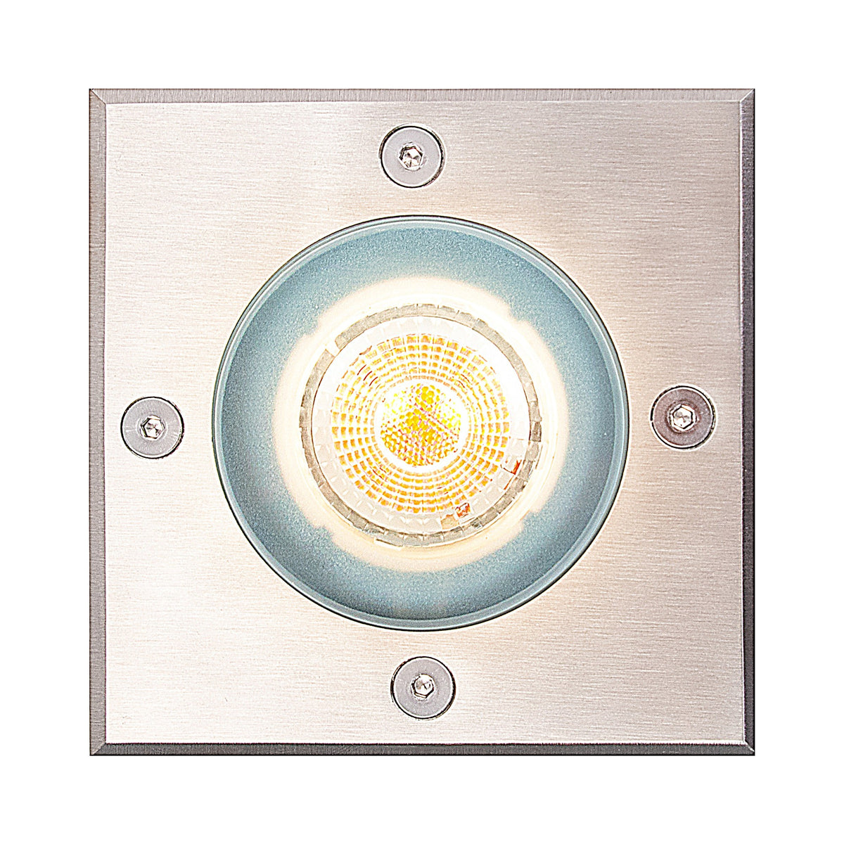Vue de dessus centrée sur la platine inox brossé et la lentille LED