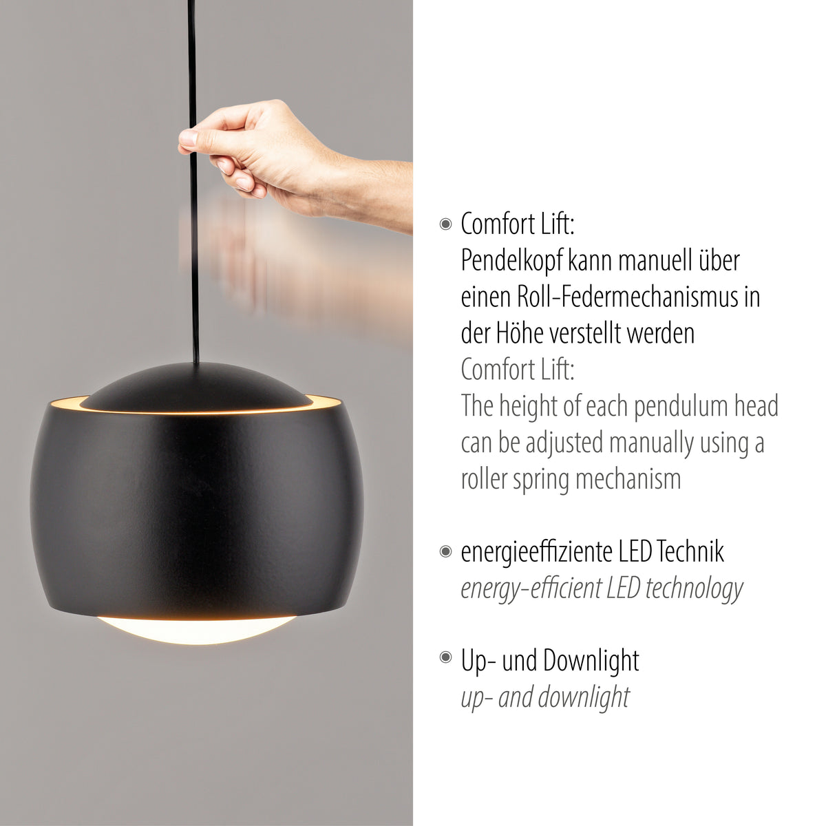 Détail : main tirant le câble pour régler la hauteur du luminaire Comfort Lift.