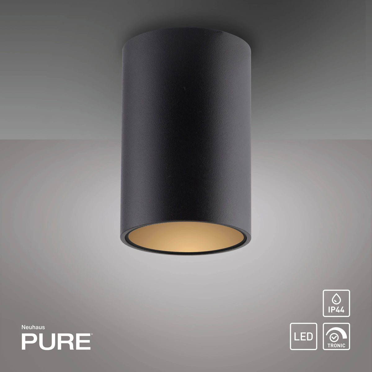 Plafonnier noir avec logo, icônes IP44, LED et détecteur TRONIC sur fond gris.