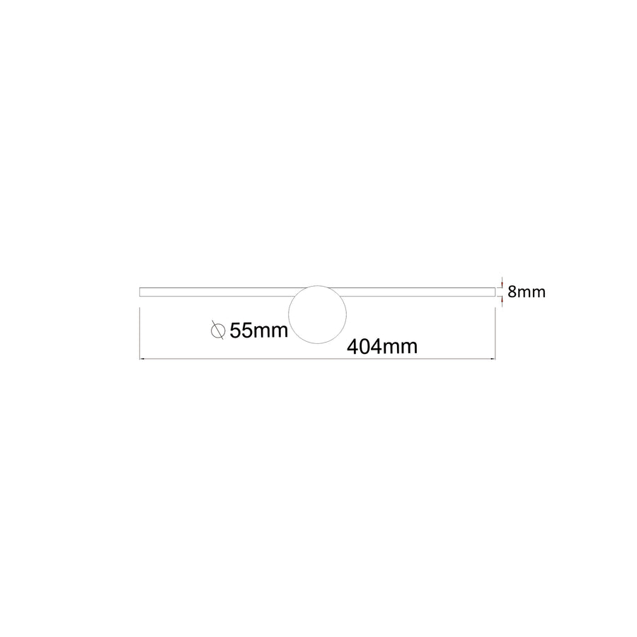 Schéma technique coté du luminaire, largeur 404 mm et épaisseur 8 mm.