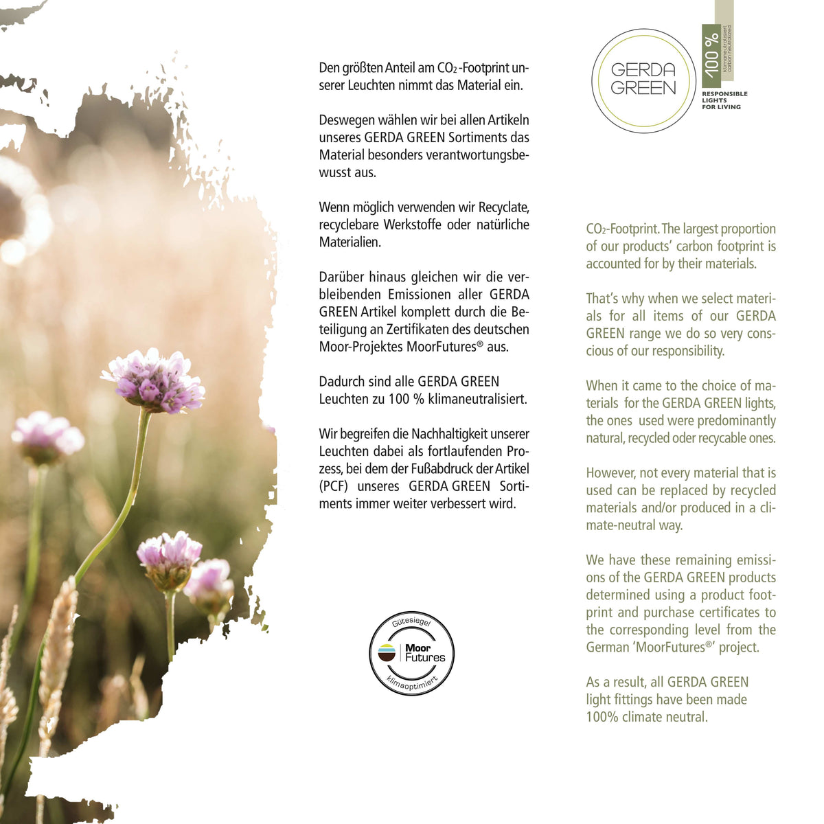 Visuel sur l'engagement écologique avec fleurs séchées et texte en allemand.