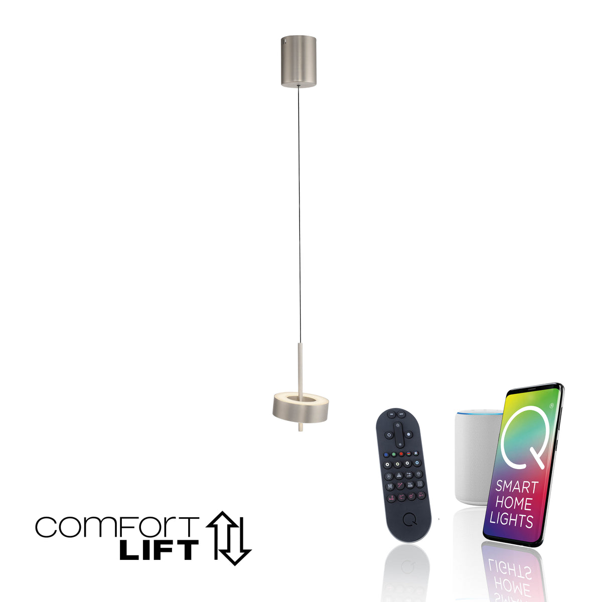 Suspension connectée présentée avec télécommande, enceinte et smartphone pour pilotage intelligent