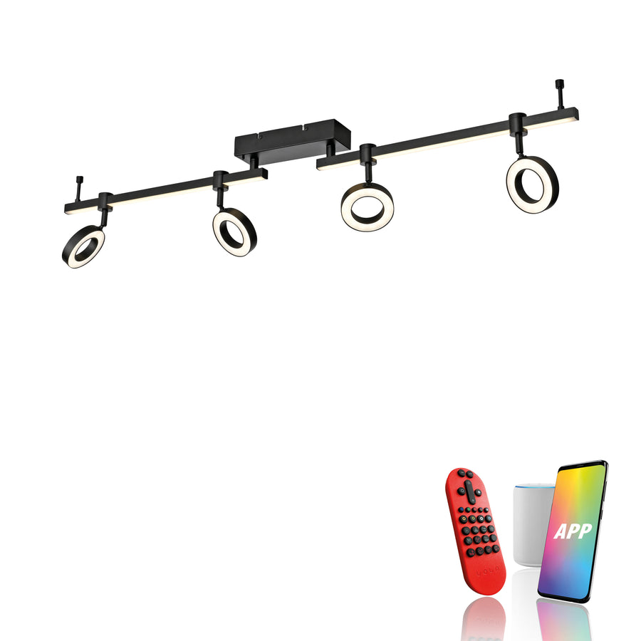 Vue du luminaire avec télécommande, application mobile et enceinte connectée à côté.
