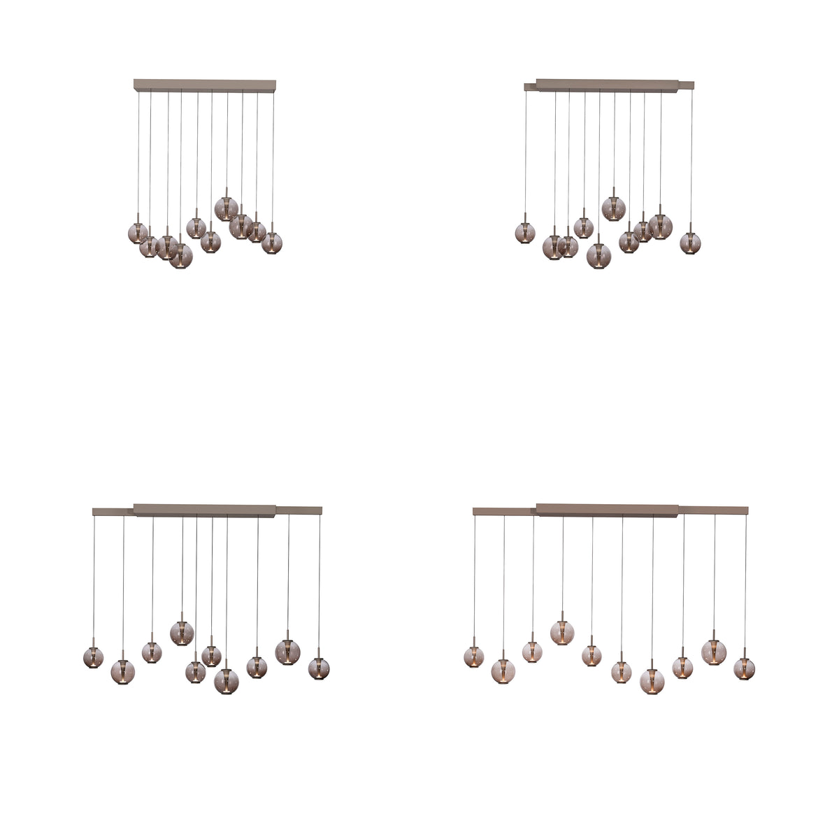 Planche comparative montrant quatre configurations de la suspension, de trois à neuf globes