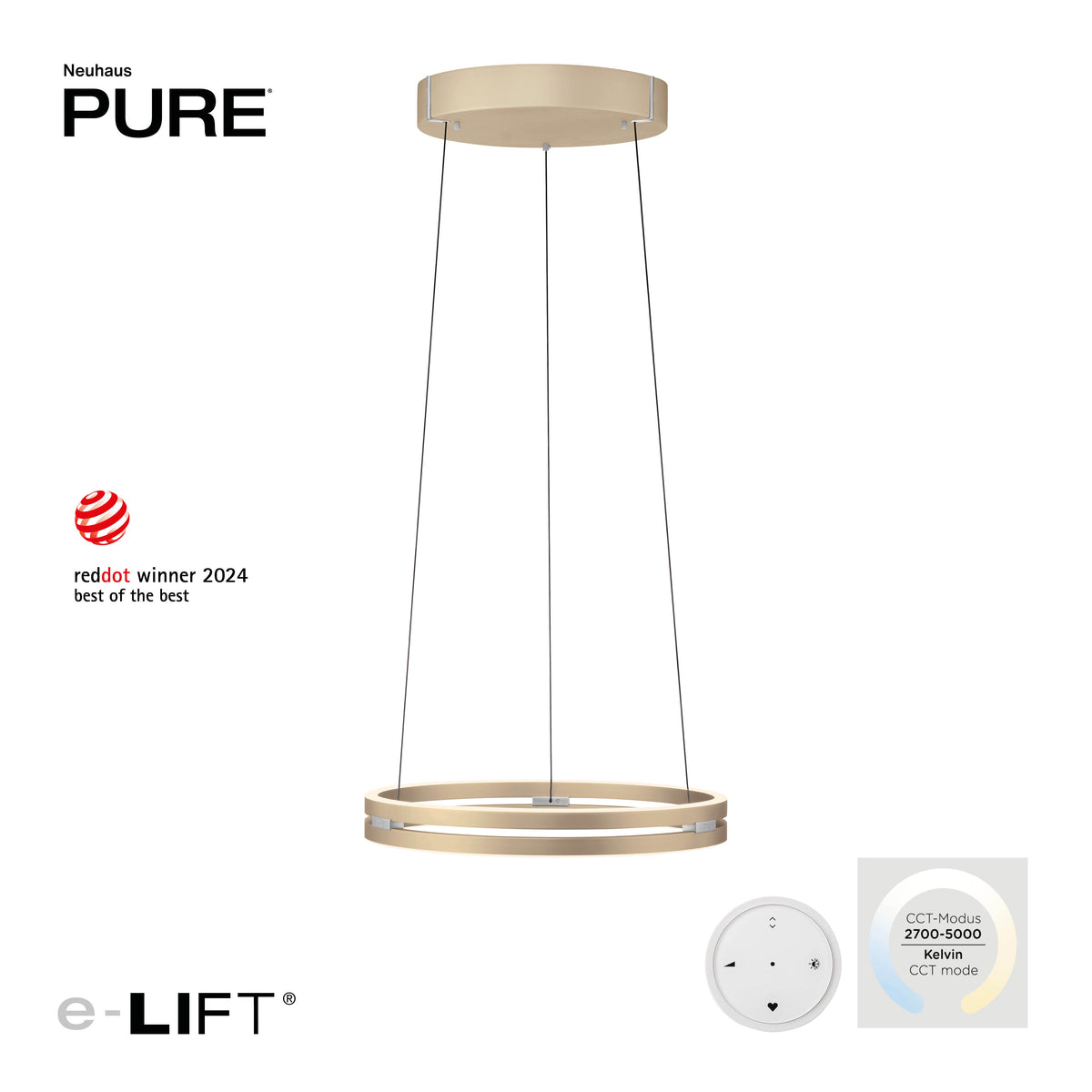 Visuel promotionnel montrant le luminaire, la télécommande et la température de couleur réglable.