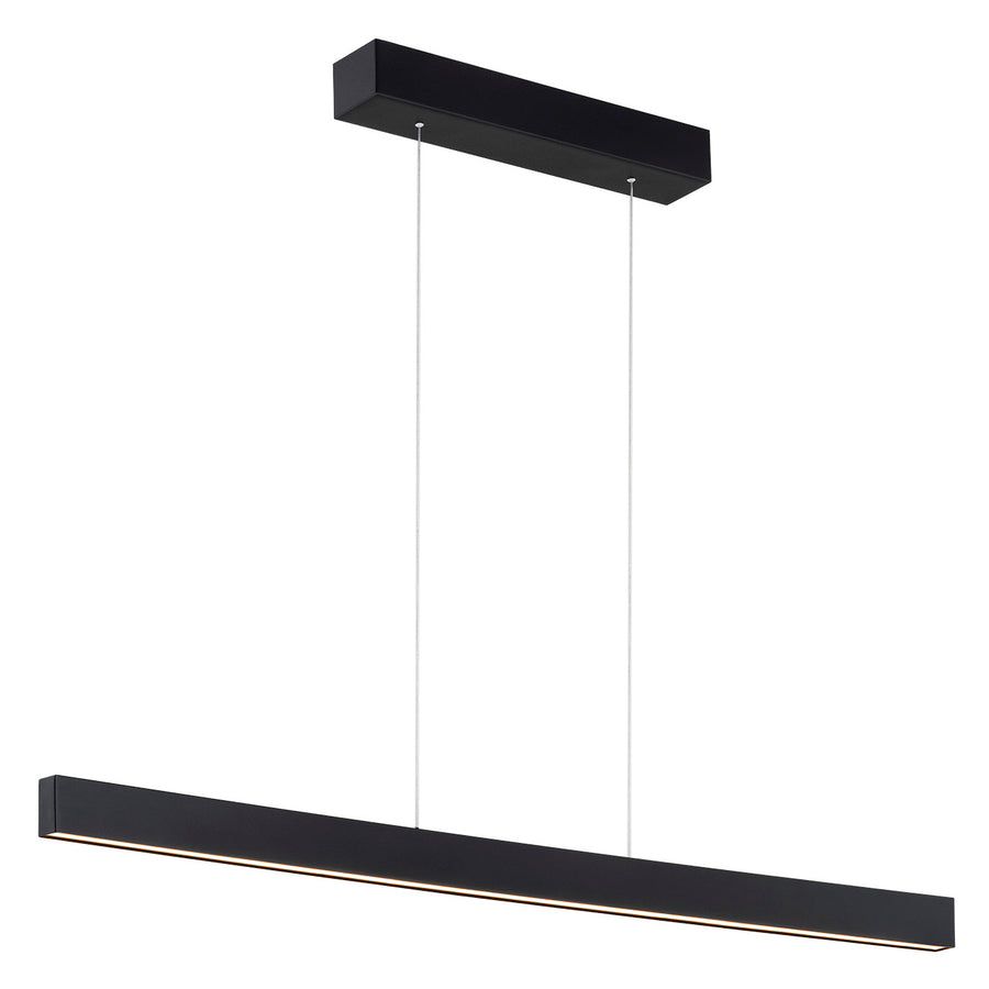 Version noire du luminaire linéaire, barre rectangulaire suspendue par deux câbles.
