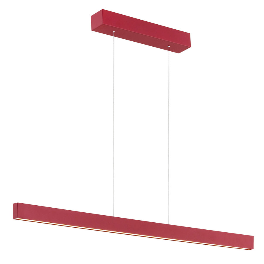 Version rouge du luminaire suspendu, barre rectangulaire et câbles fins sur fond blanc.