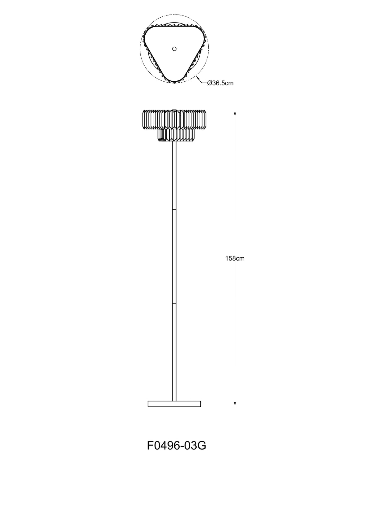 Schéma coté du lampadaire : hauteur 158 cm et diamètre d'abat-jour 36,5 cm