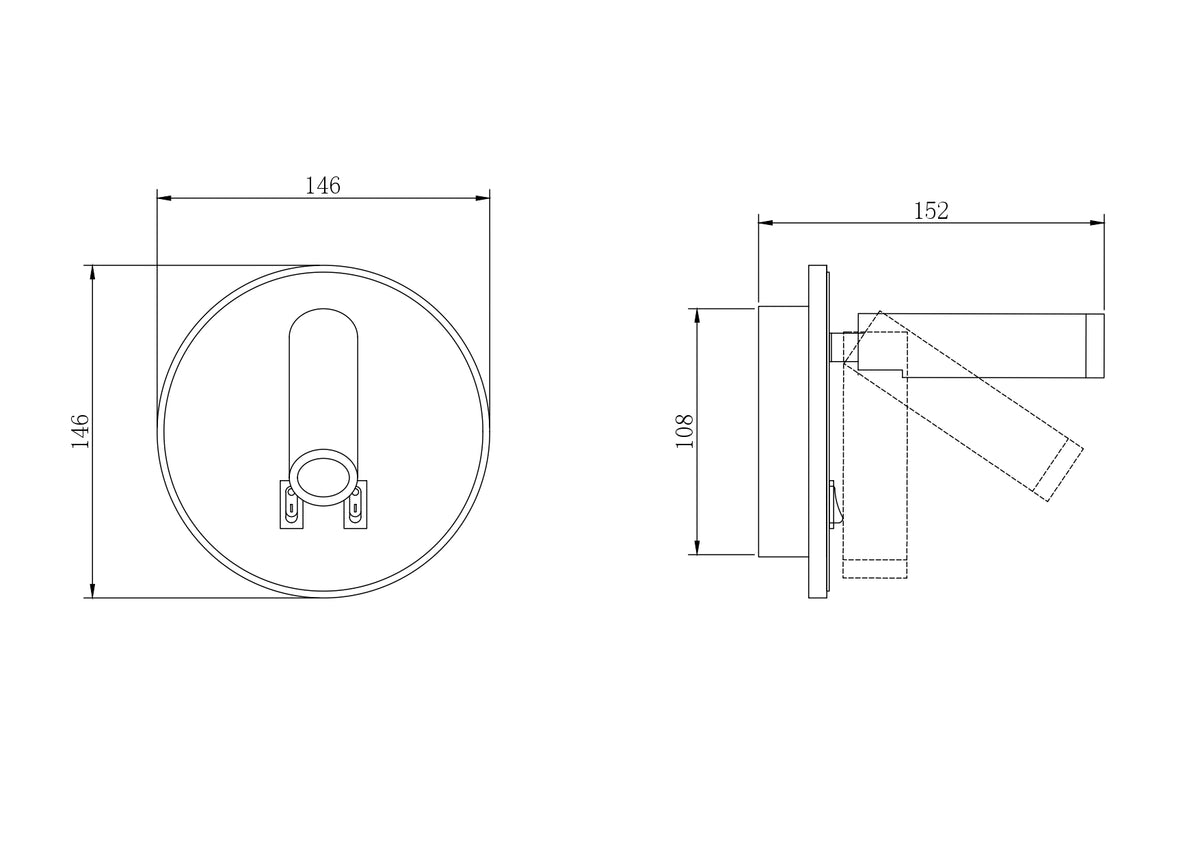 Schéma technique coté de l'applique avec dimensions 146 mm et 152 mm.