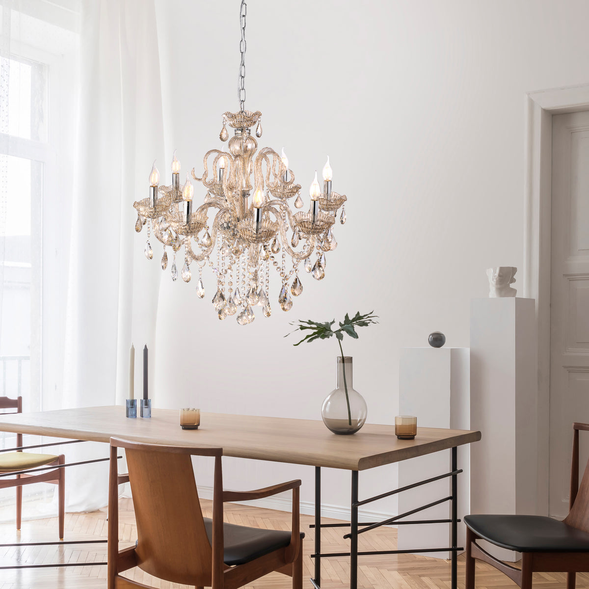Suspension Gracia 8 lumières laiton, cristal