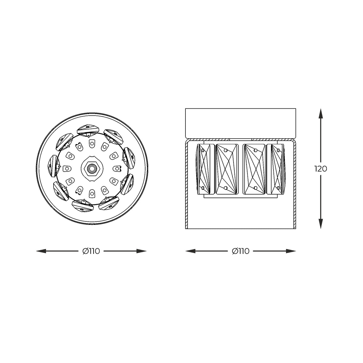 Schéma technique du plafonnier avec diamètre 110 mm et hauteur 120 mm.
