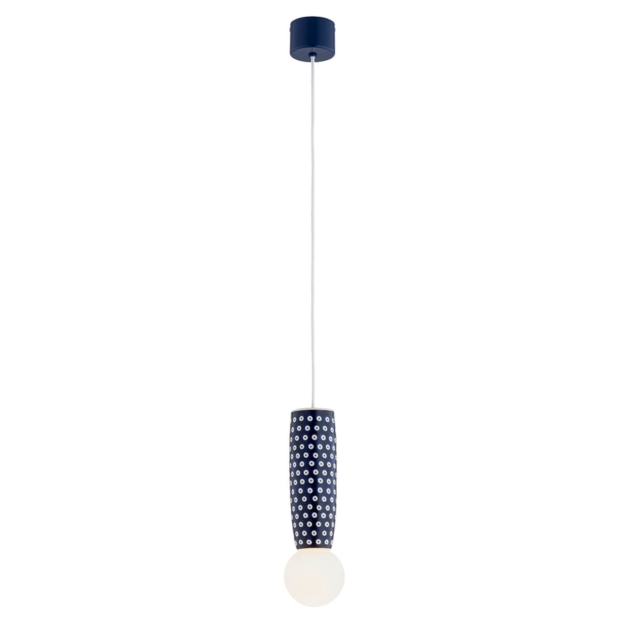 Suspension vue de face sur fond blanc, abat-jour cylindrique bleu et boule blanche