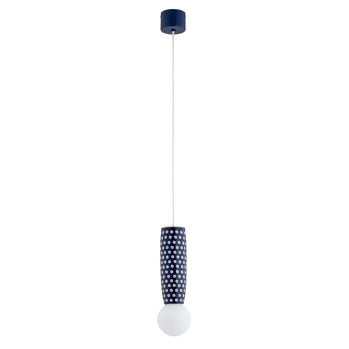 Vue d'ensemble du luminaire suspendu, câble blanc et rosace de plafond