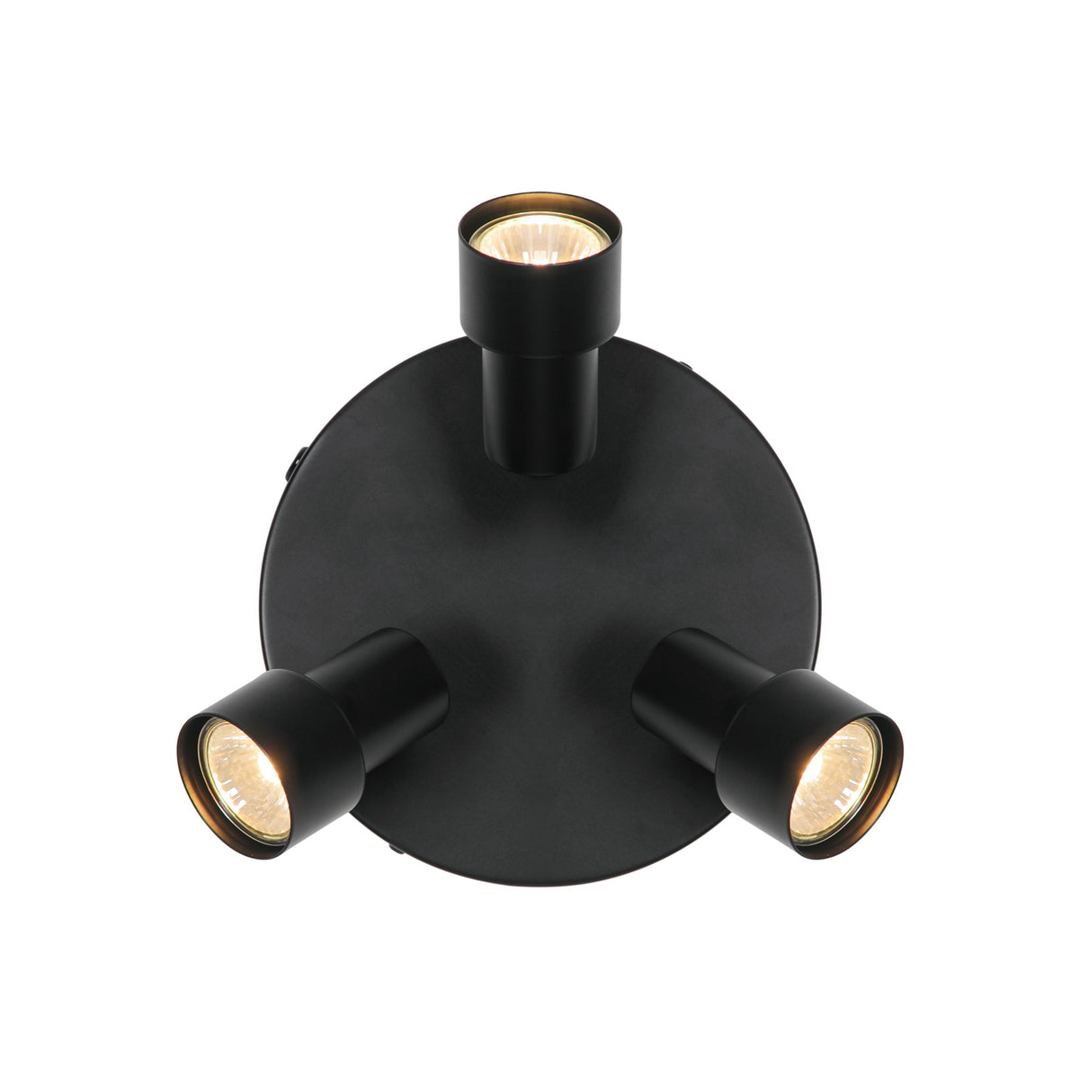 Vue de dessus du luminaire noir avec sa base ronde et trois projecteurs orientables.