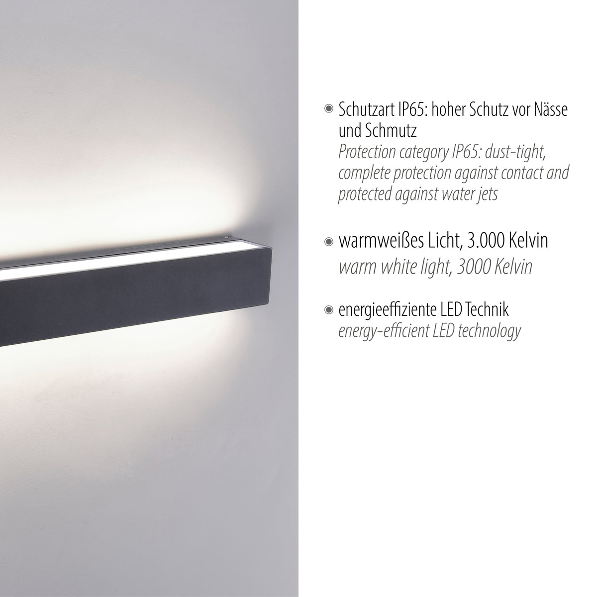 Détail du bandeau lumineux avec texte allemand sur protection IP65 et LED