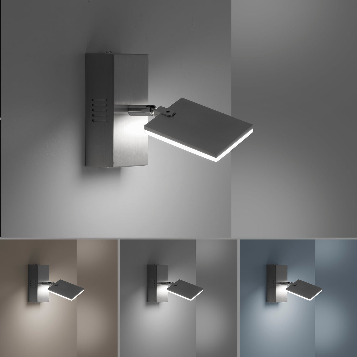 Simulation d'éclairage mural en trois températures de couleur, du blanc chaud au blanc froid.