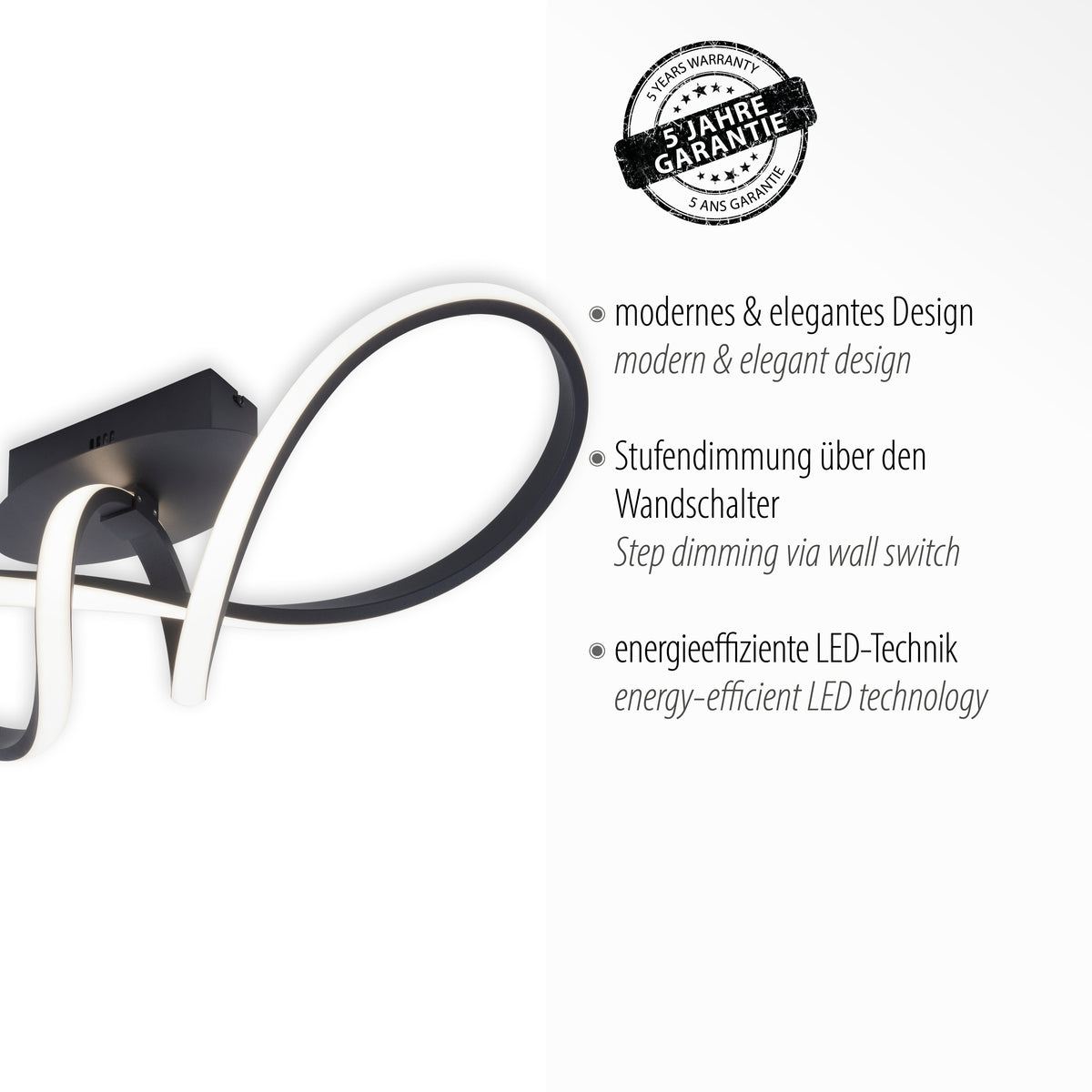 Détail du luminaire accompagné de textes sur le design moderne et la garantie