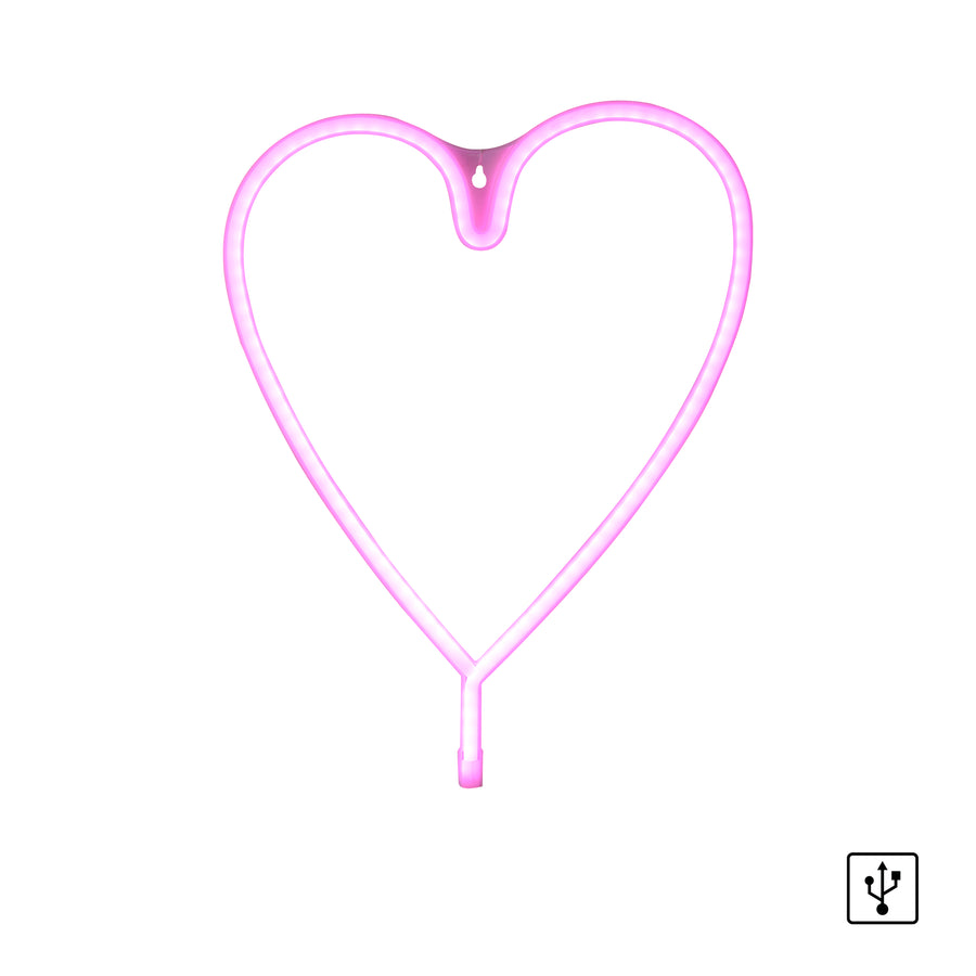 Même applique cœur néon rose sur fond blanc, icône USB en bas à droite.