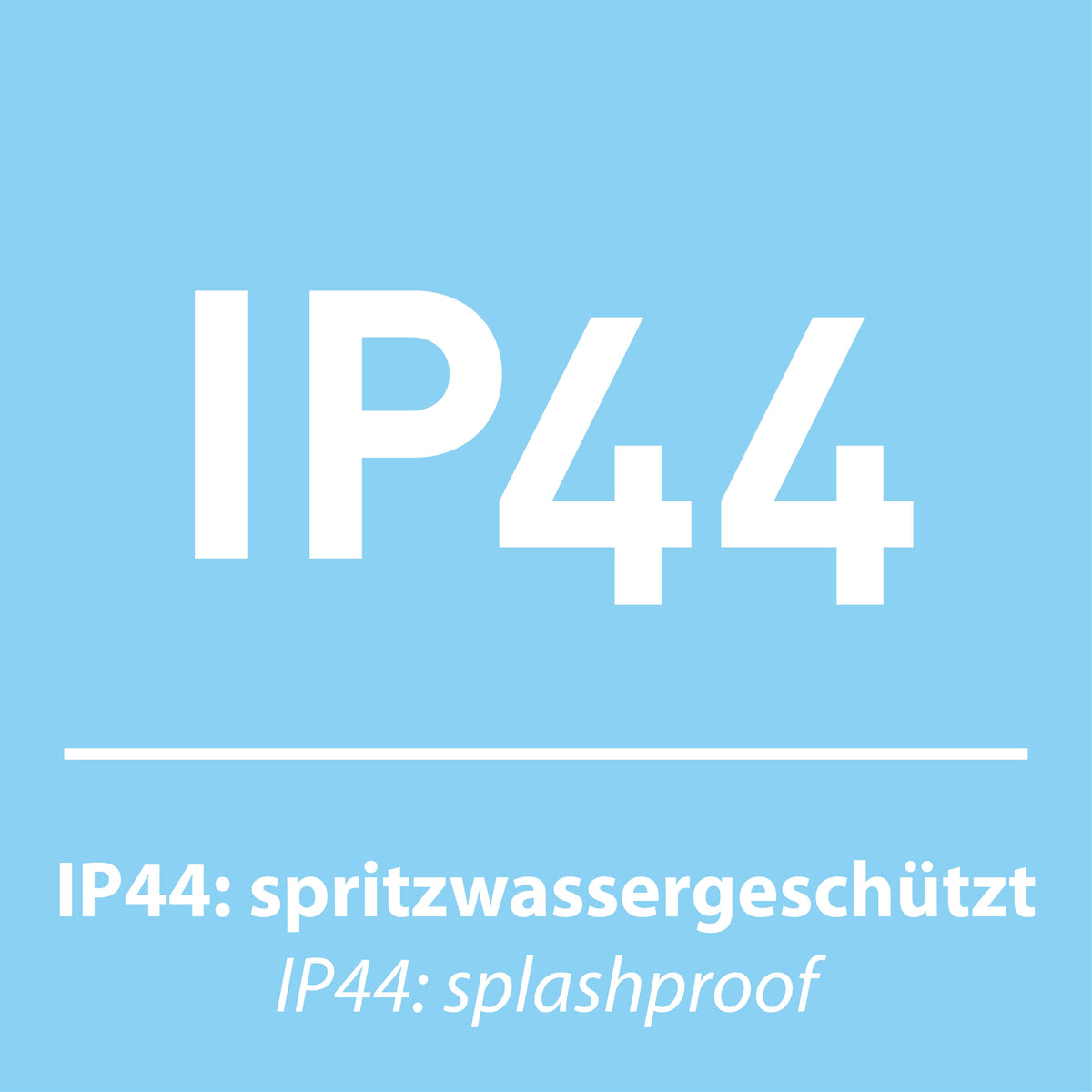 Visuel bleu avec mention IP44 et texte anglais sur la résistance aux éclaboussures.