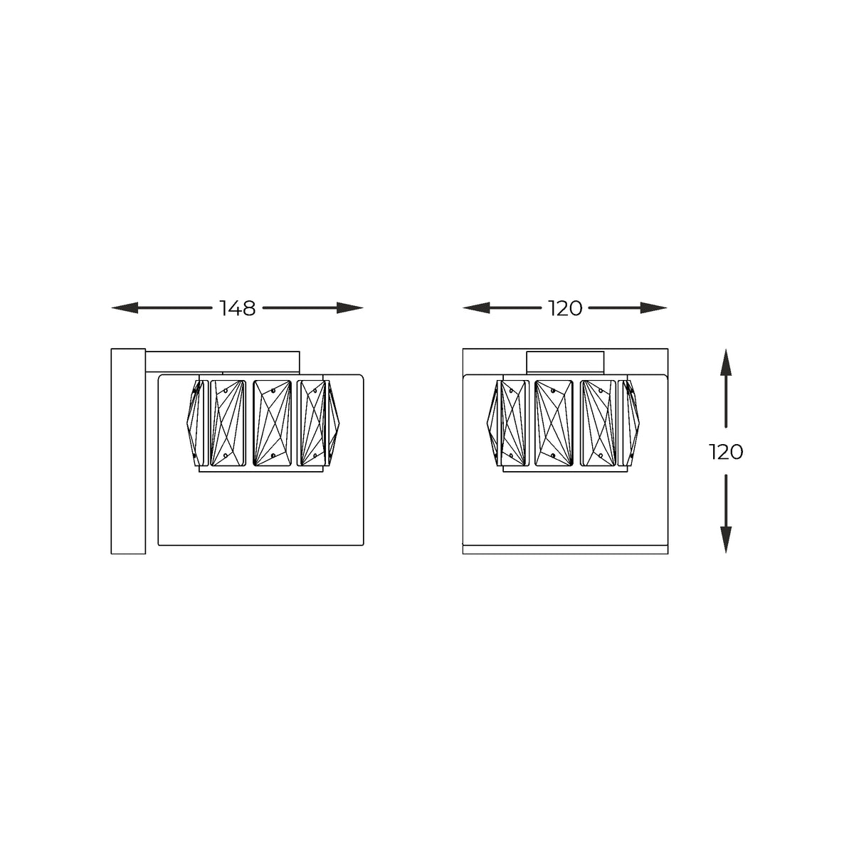 Schéma coté de l'applique montrant les dimensions 148 mm et 120 mm.