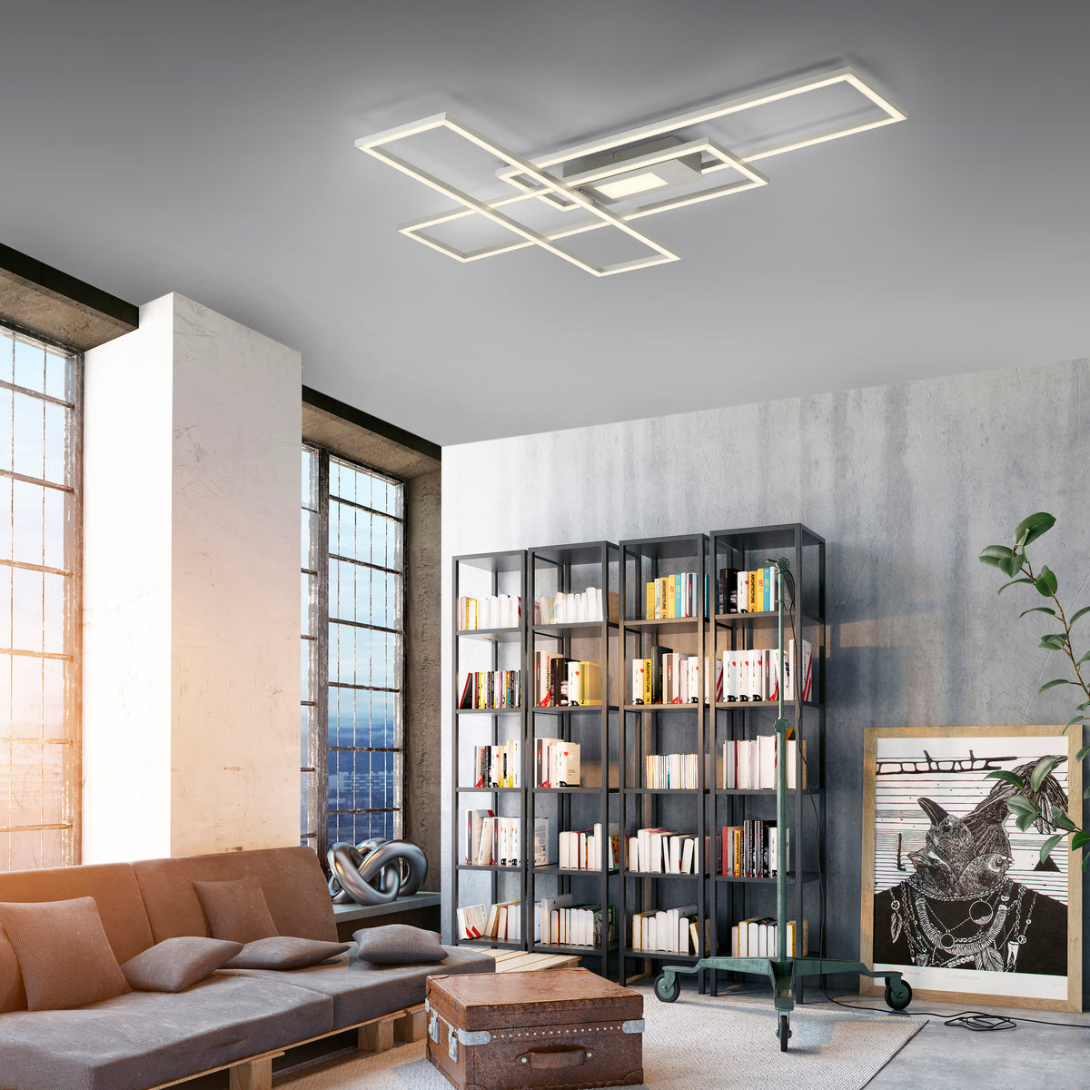 Mise en ambiance dans un salon moderne, luminaire allumé fixé au plafond