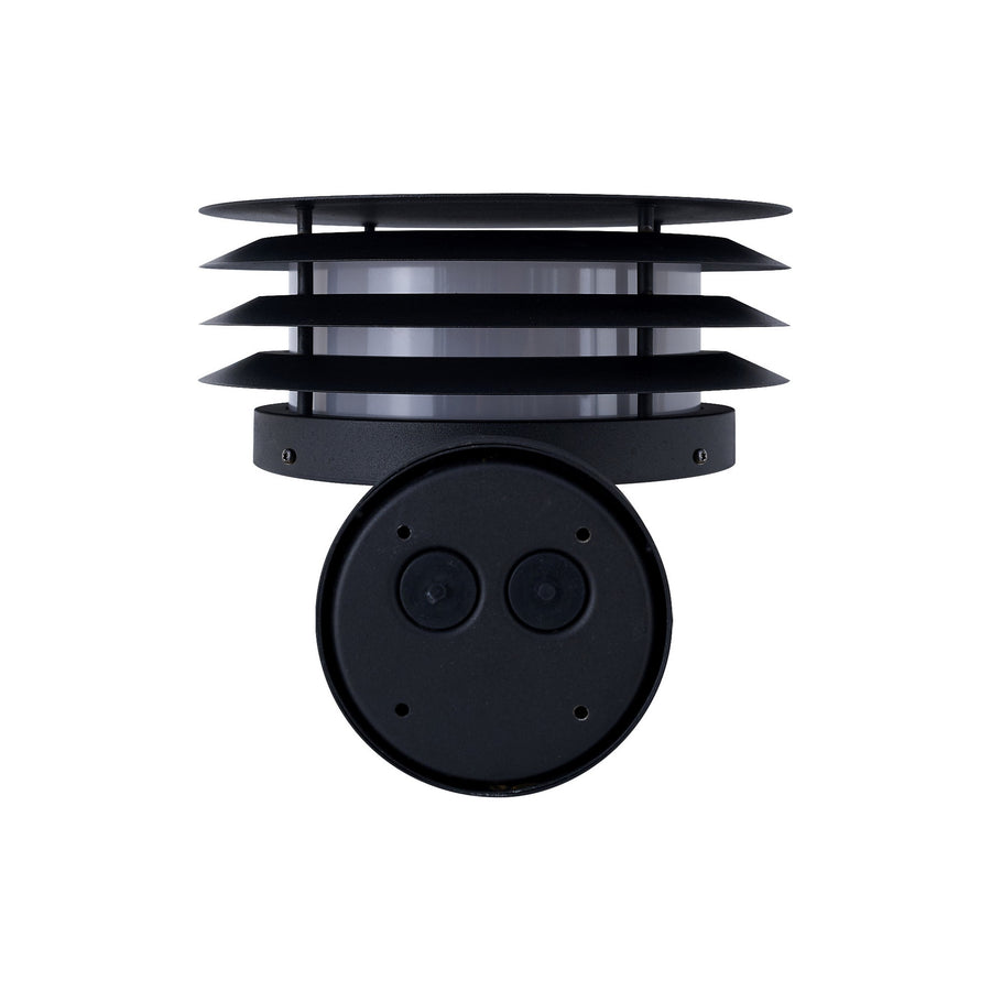 Arrière du luminaire noir, platine de fixation ronde avec deux passe-câbles.